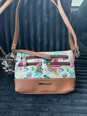 Stone & Co. Multicolor Heart Print Crossbody with Tan Trim